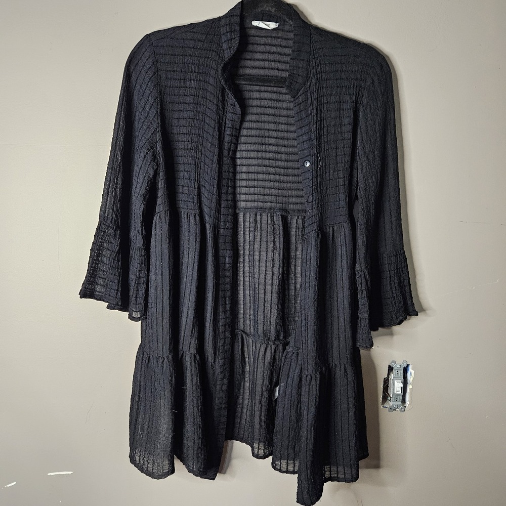 Pinup Fashion Black Solid Shirt Dress Button Front Tiered 3/4 Sleeve S